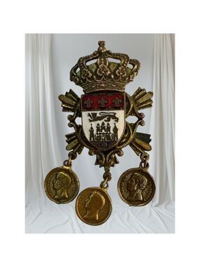 Antique Heraldic Crown Brooch Enamel Coat of Arms w Dangling Medals c1890